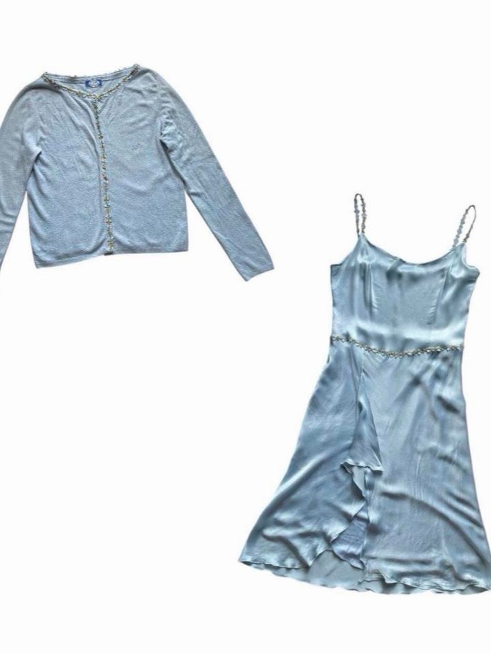 Rare Blumarine Silk Light Blue Slip Dress with Matching Cardigan